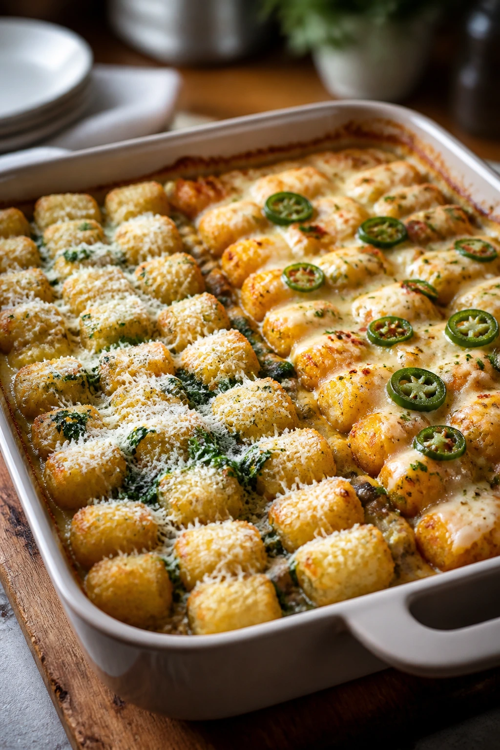 Casserole pan with two topping variations half-and-half