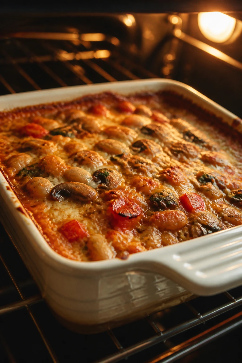 Close-up of a colorful bean and veggie casserole in a baking dish