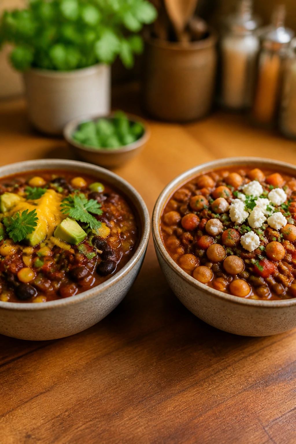 Two bowls of chili with different textures representing variations and adaptations.