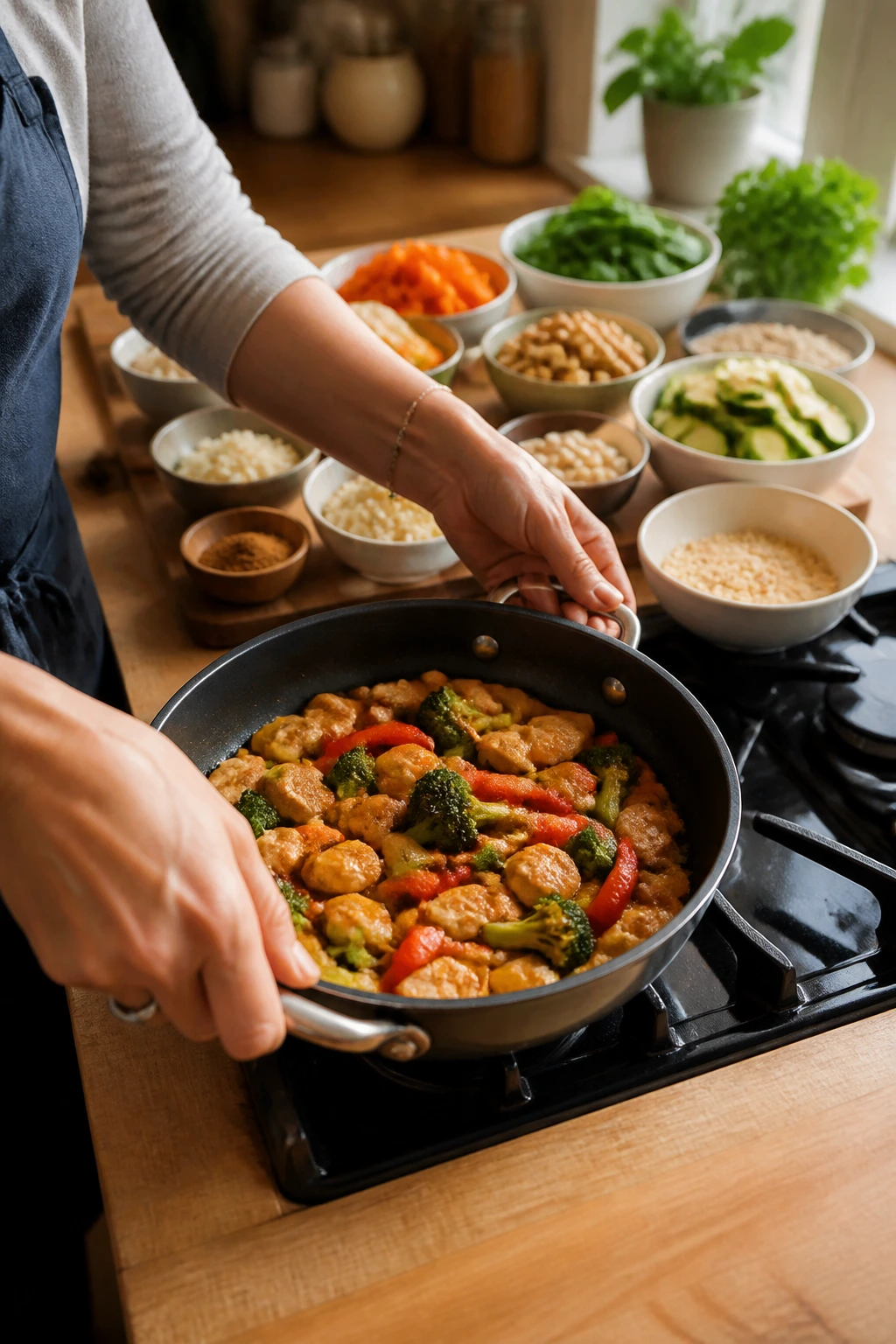Close-up of hands preparing ingredients for variations in a home kitchen.