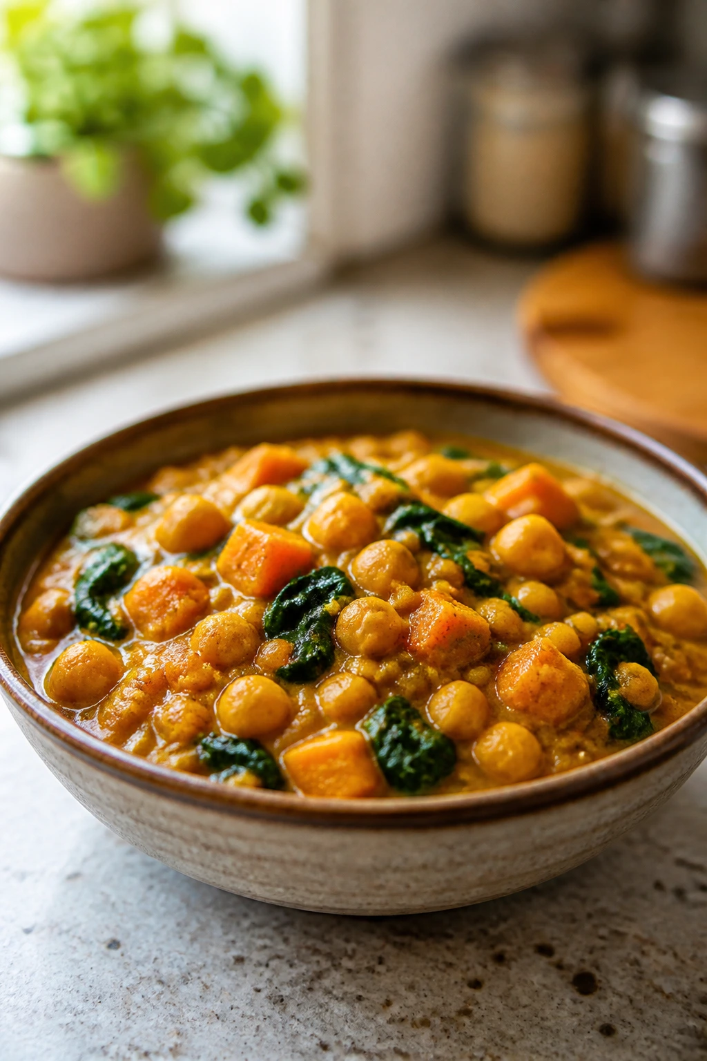 Colorful vegetable curry with lentils and chickpeas in a bowl