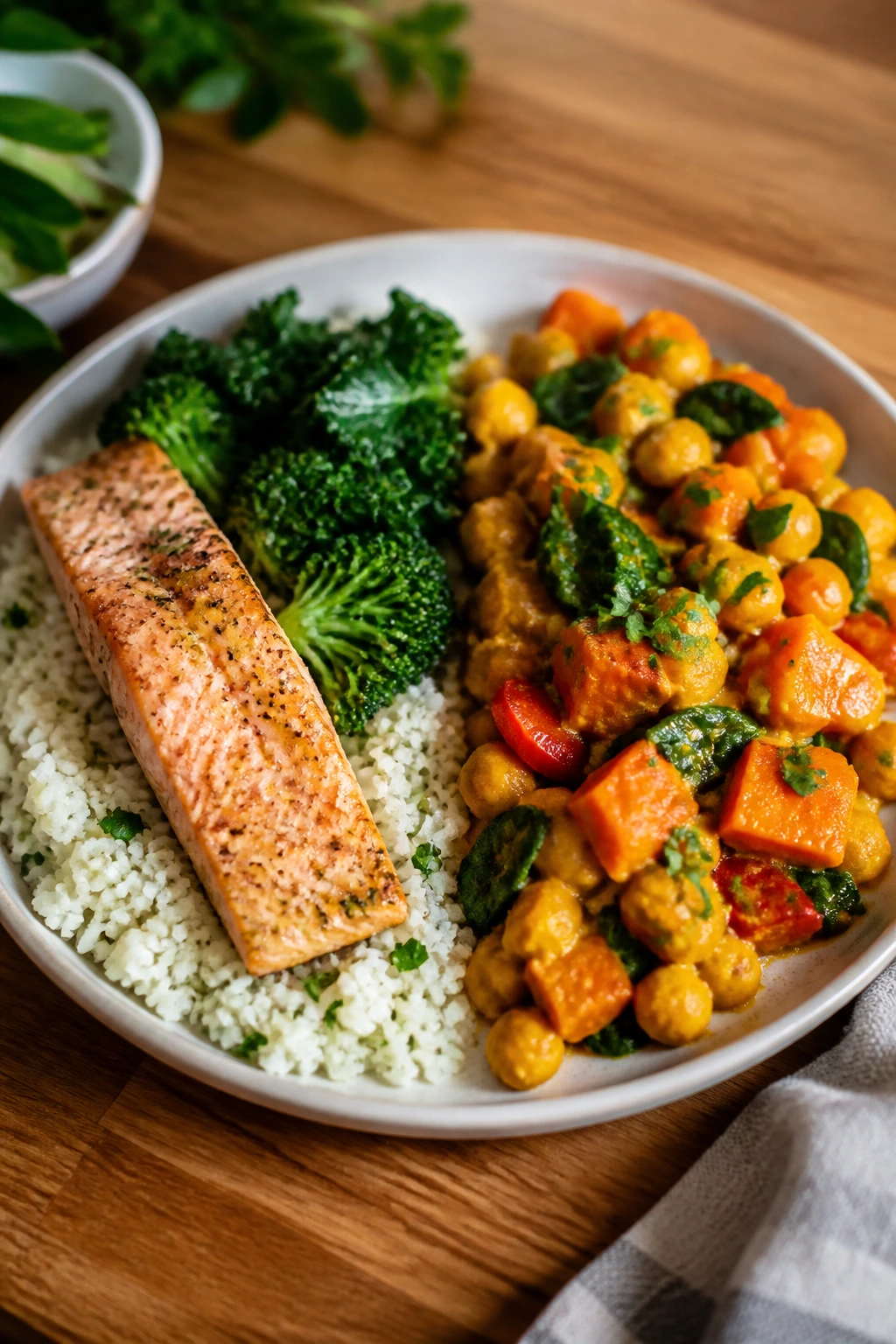 Plate showing meal variations: salmon with cauliflower rice and chickpeas curry, highlighting adaptations for dinners.