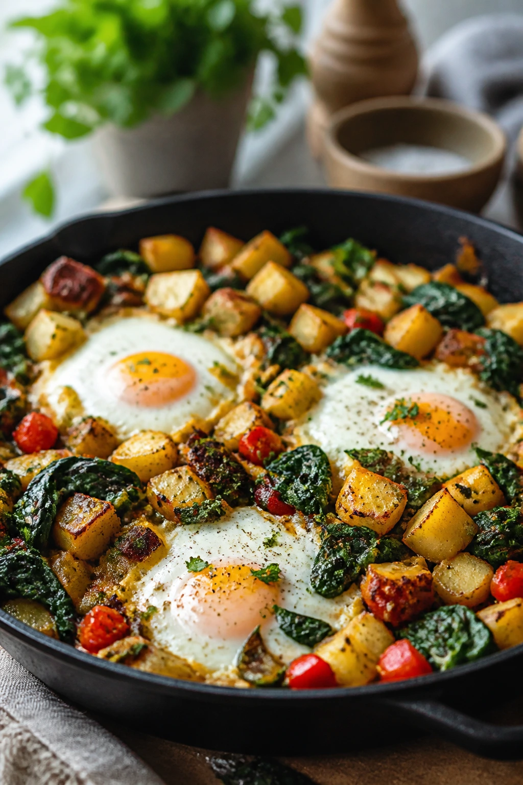 Colorful skillet hash with toppings ready for variations