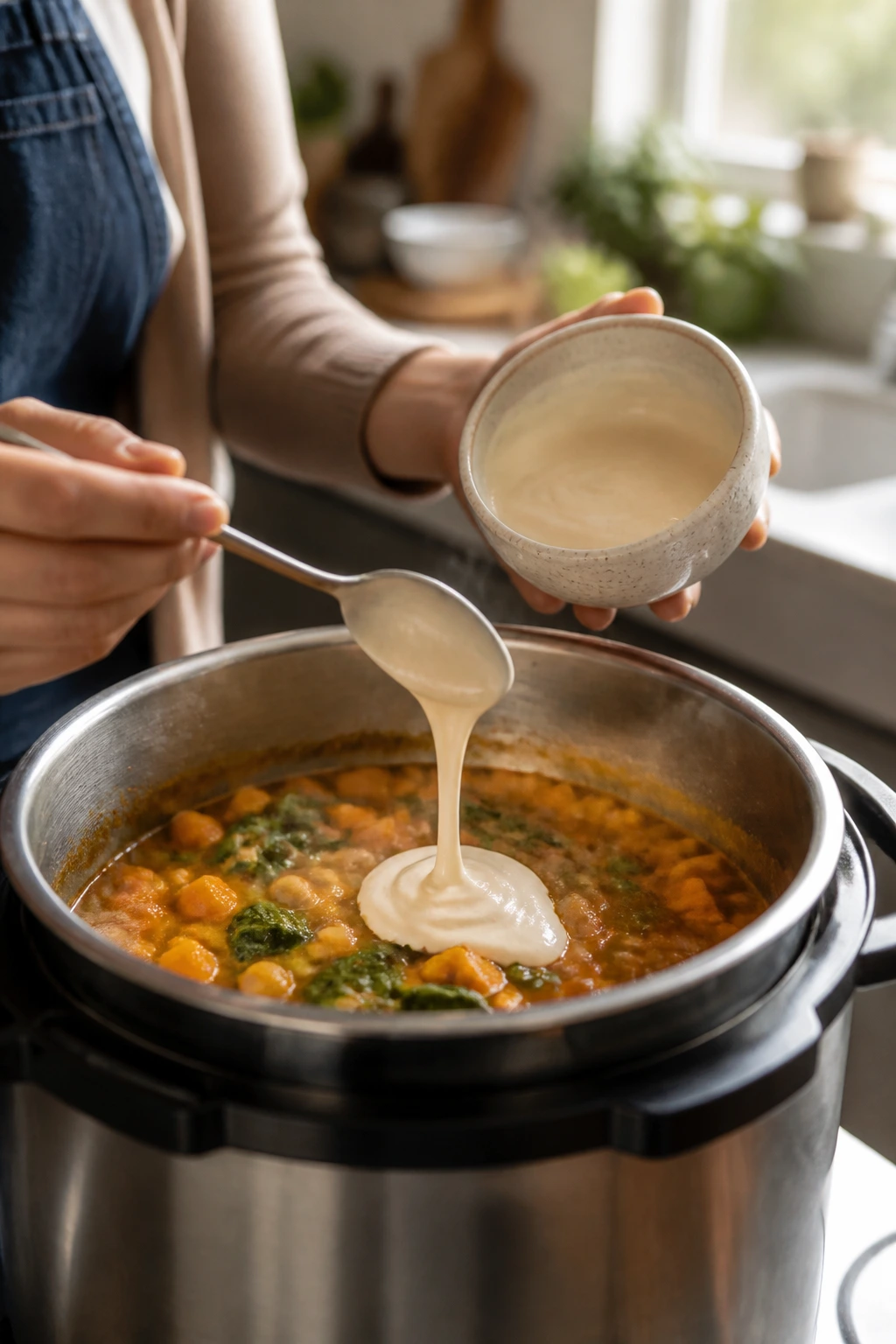 Close-up of hands adding cashew cream to curry in a bright kitchen