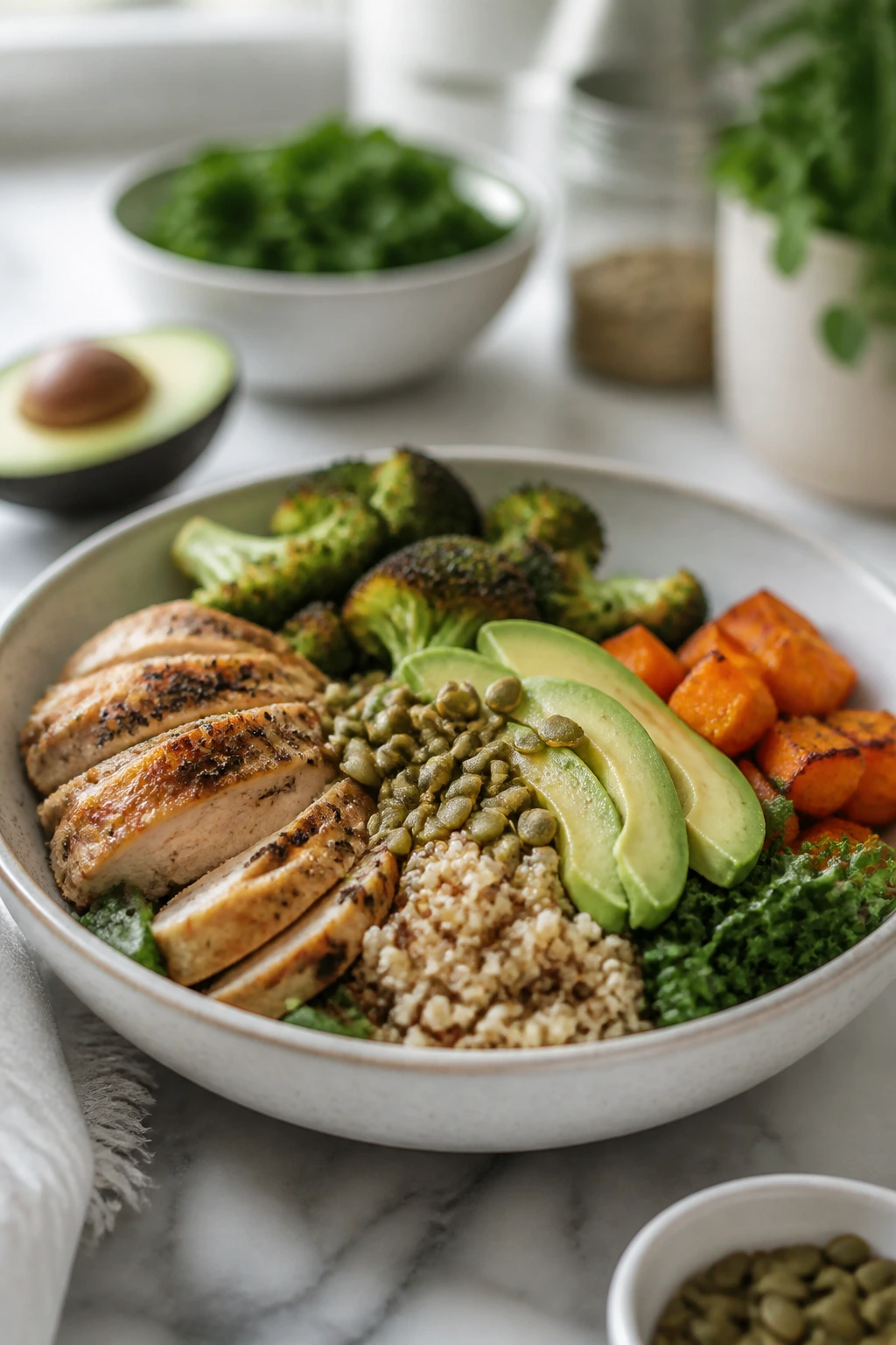 Hearty bowl with versatile toppings avocado seeds and chicken