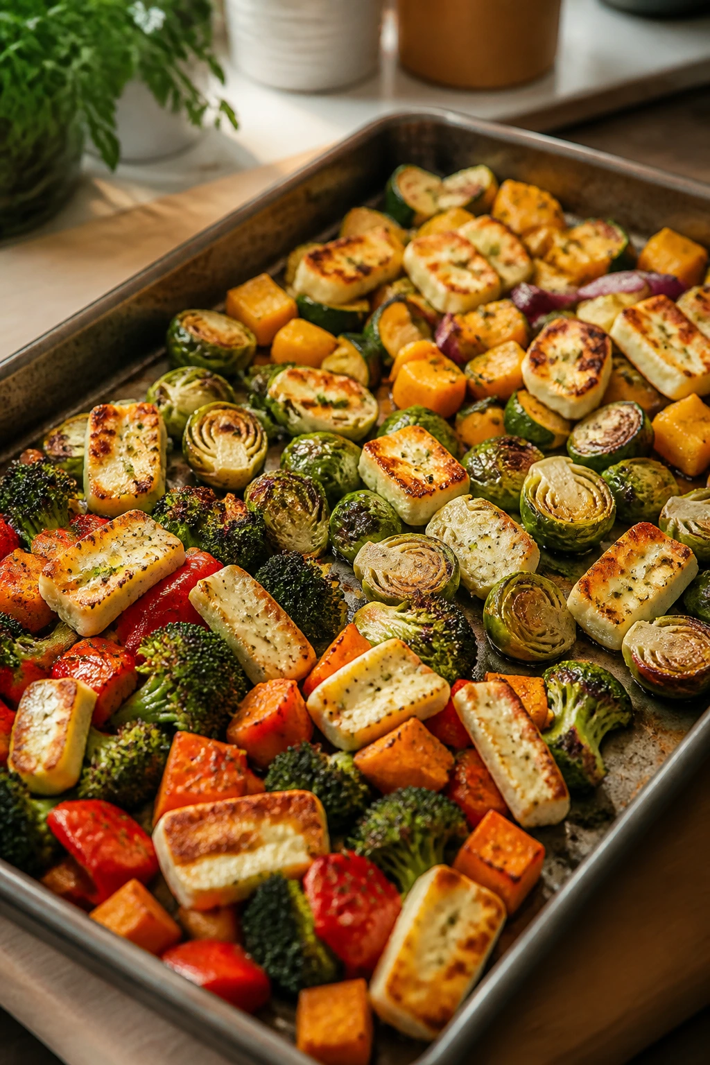Sheet pan with varied clusters representing variations in a bright kitchen