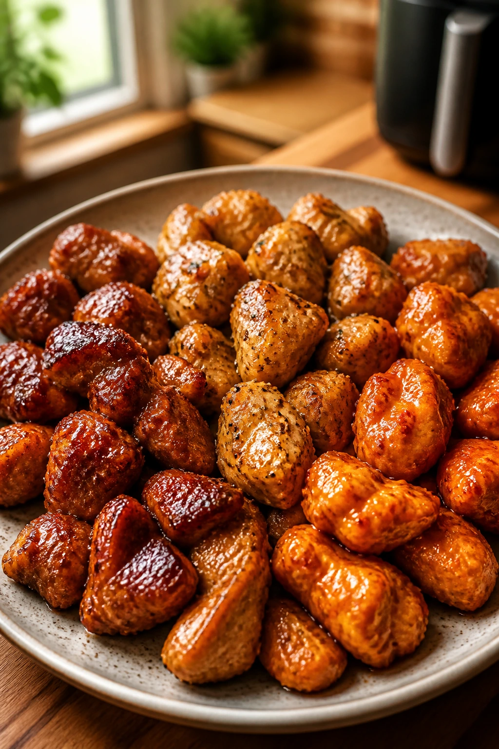 Plate of air-fried chicken bites showing glaze variations in a warm kitchen.