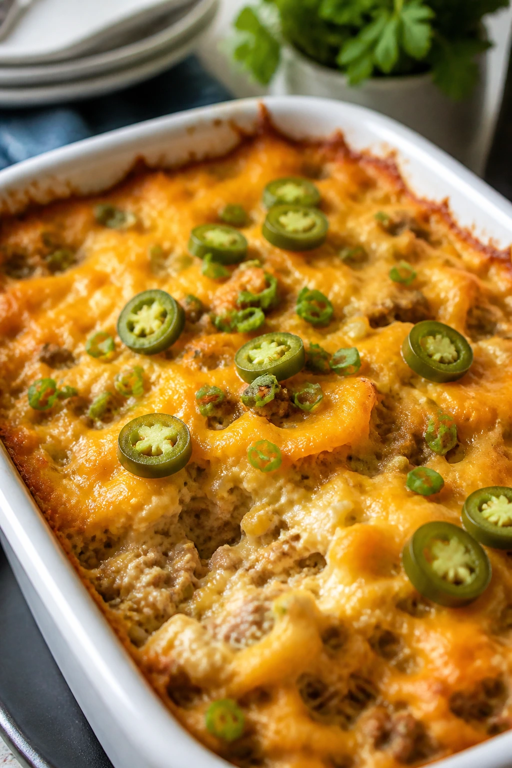 Hashbrown casserole with jalapeños and cheese topping