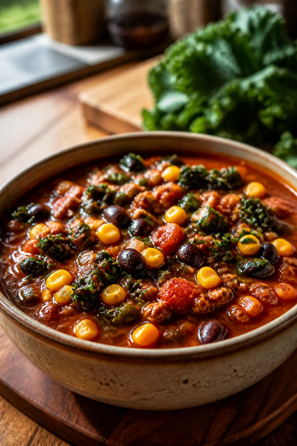 Close-up of a glossy chili-like dish in a ceramic bowl with vegetable hints, in a warm kitchen