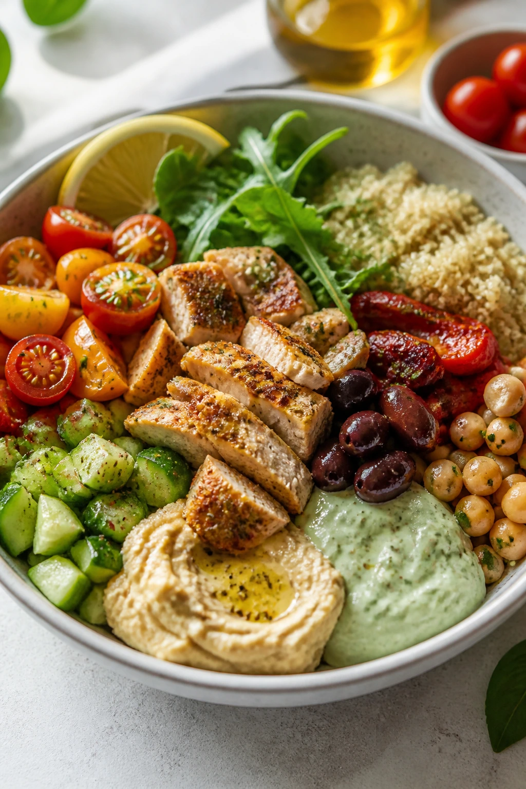 Mediterranean bowl showing variation toppings and sauces