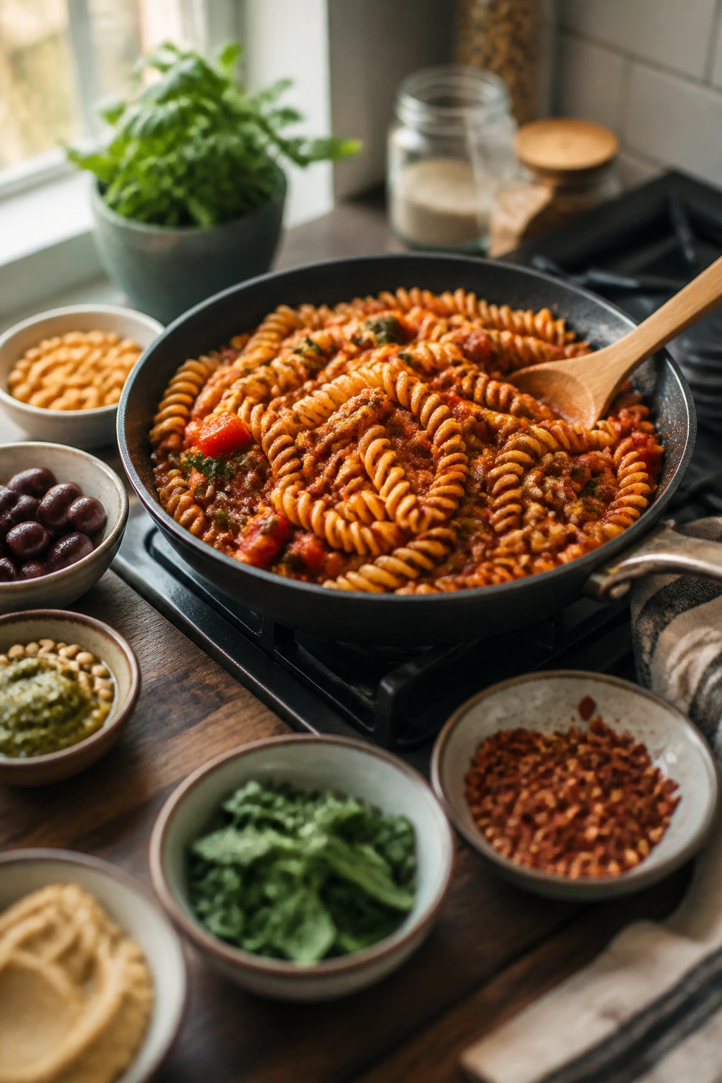 Skillet dish with bowls of add-ons suggesting meal variations