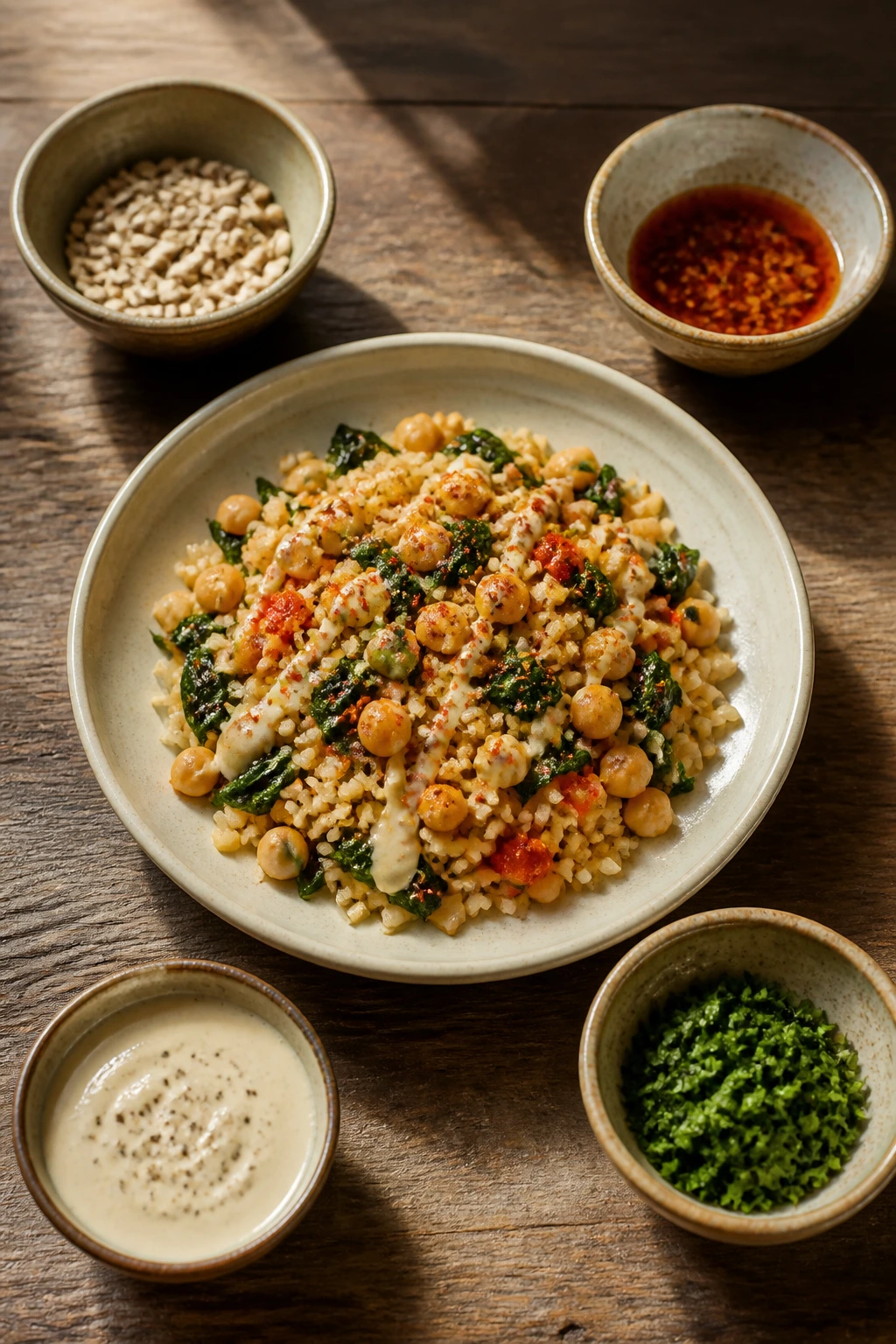 Plate of pantry dish with toppings in separate bowls showing variations