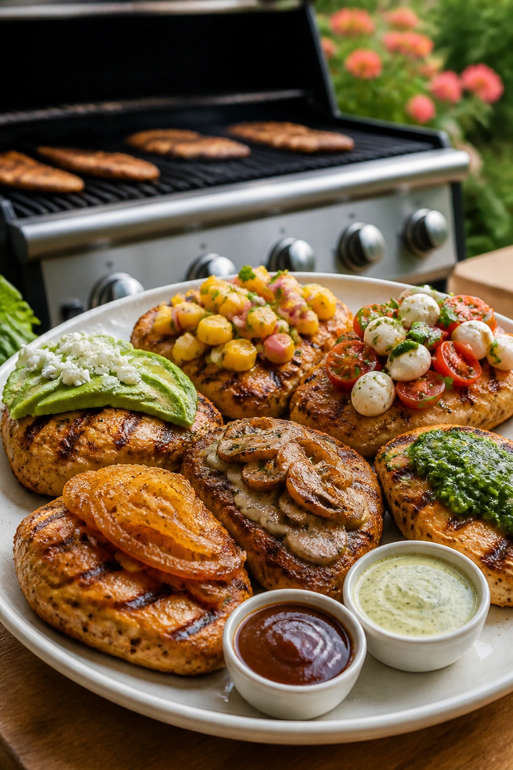 Plate of grilled protein with diverse toppings showing recipe variations.