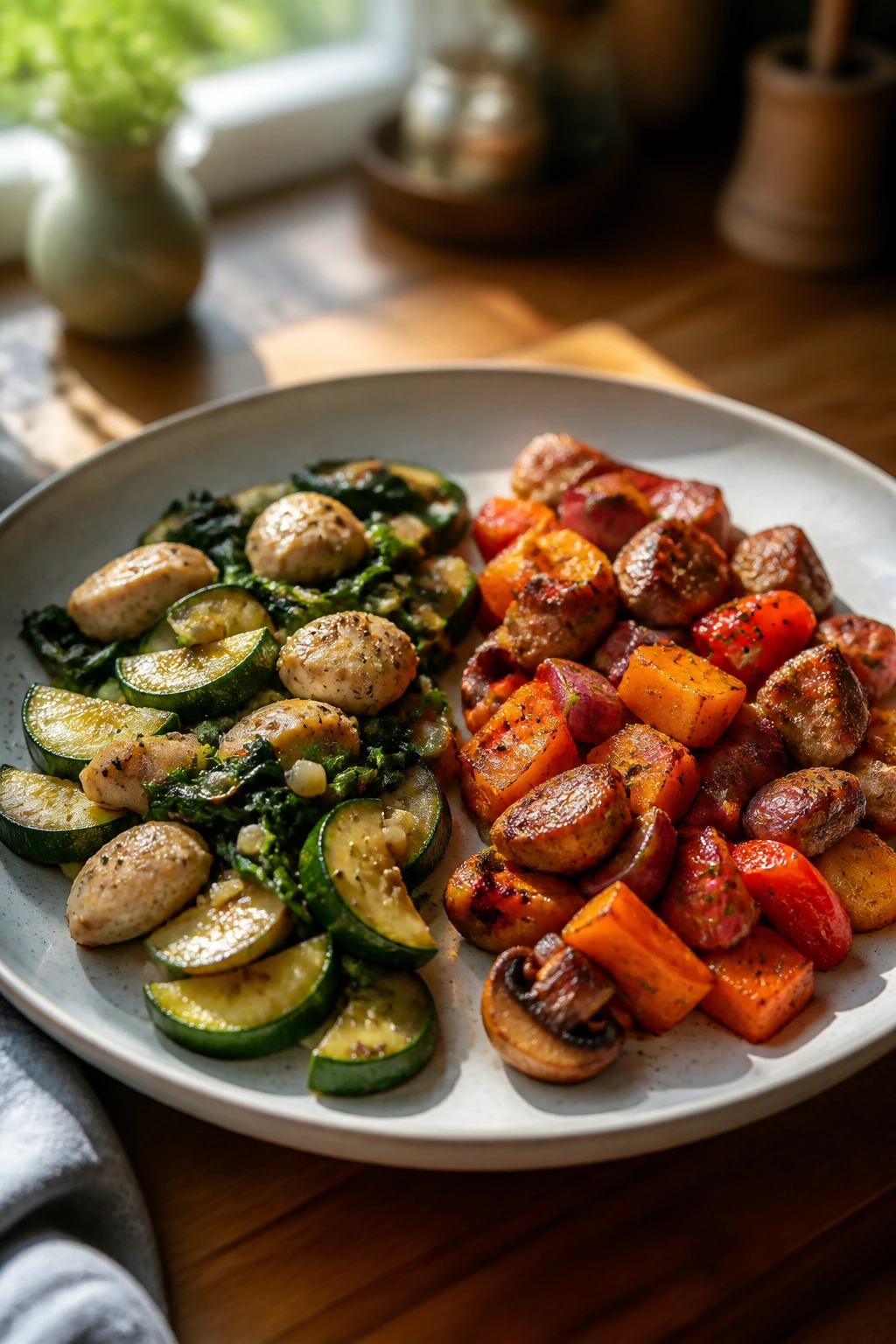 Plated dish showing two variation halves with different vegetables
