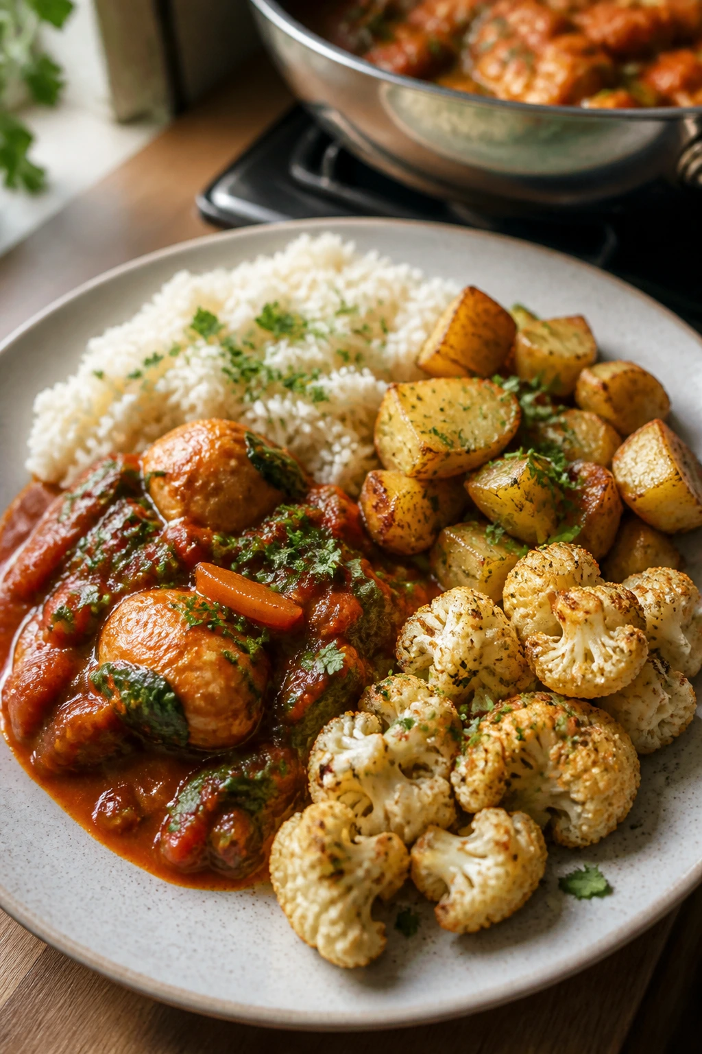 Skillet dinner plated with multiple starch variations around the sauce.
