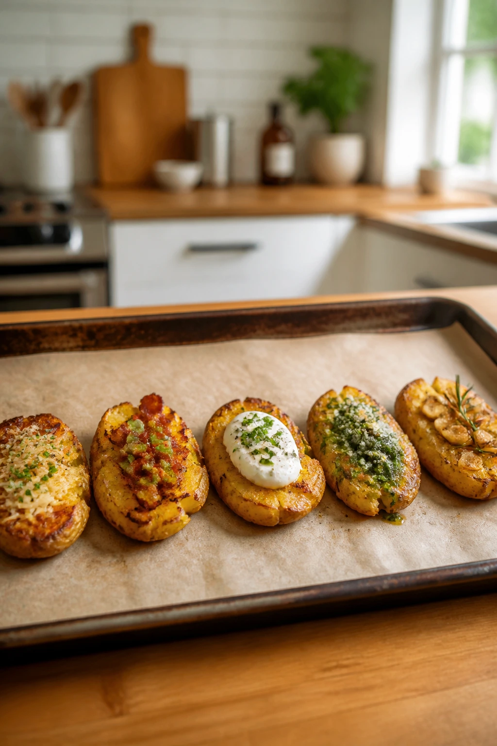 Five variations of smashed potatoes with different toppings on a baking sheet