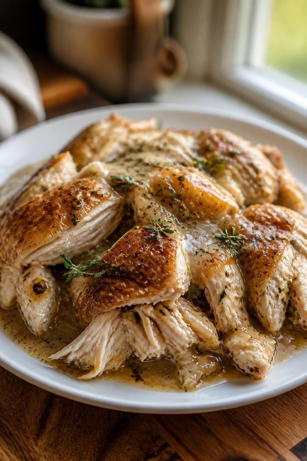 Plate of rotisserie chicken with gravy as a variation on Southern dinners