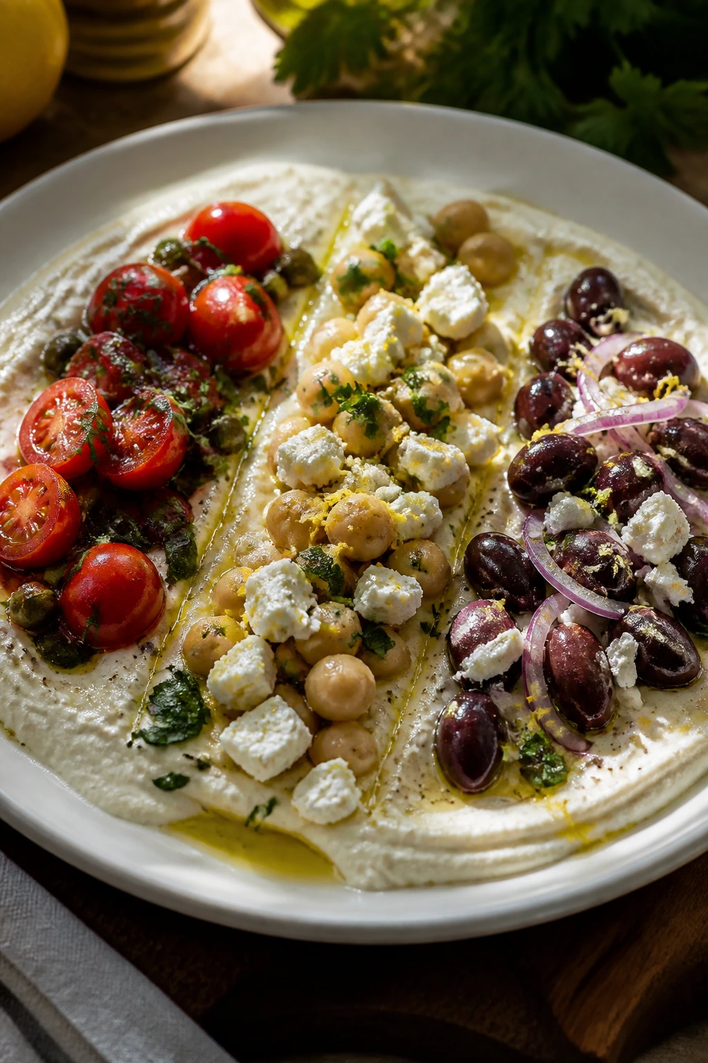 Plate with three topping variations showing recipe adaptations