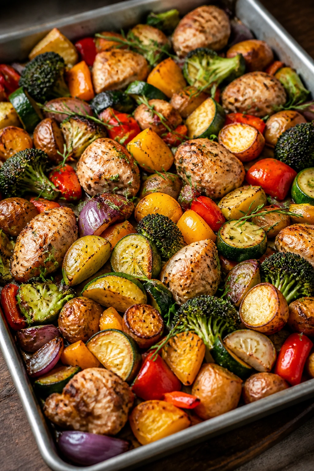 Close-up of a colorful roasted sheet pan with vegetables