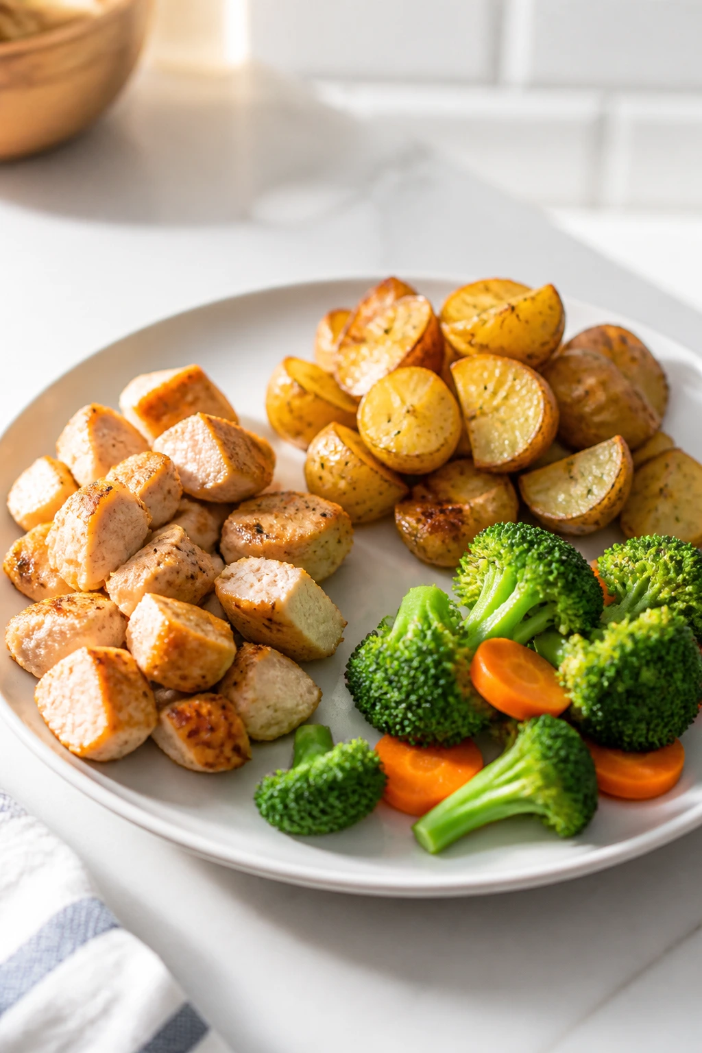 Plate showing separate piles of chicken and vegetables