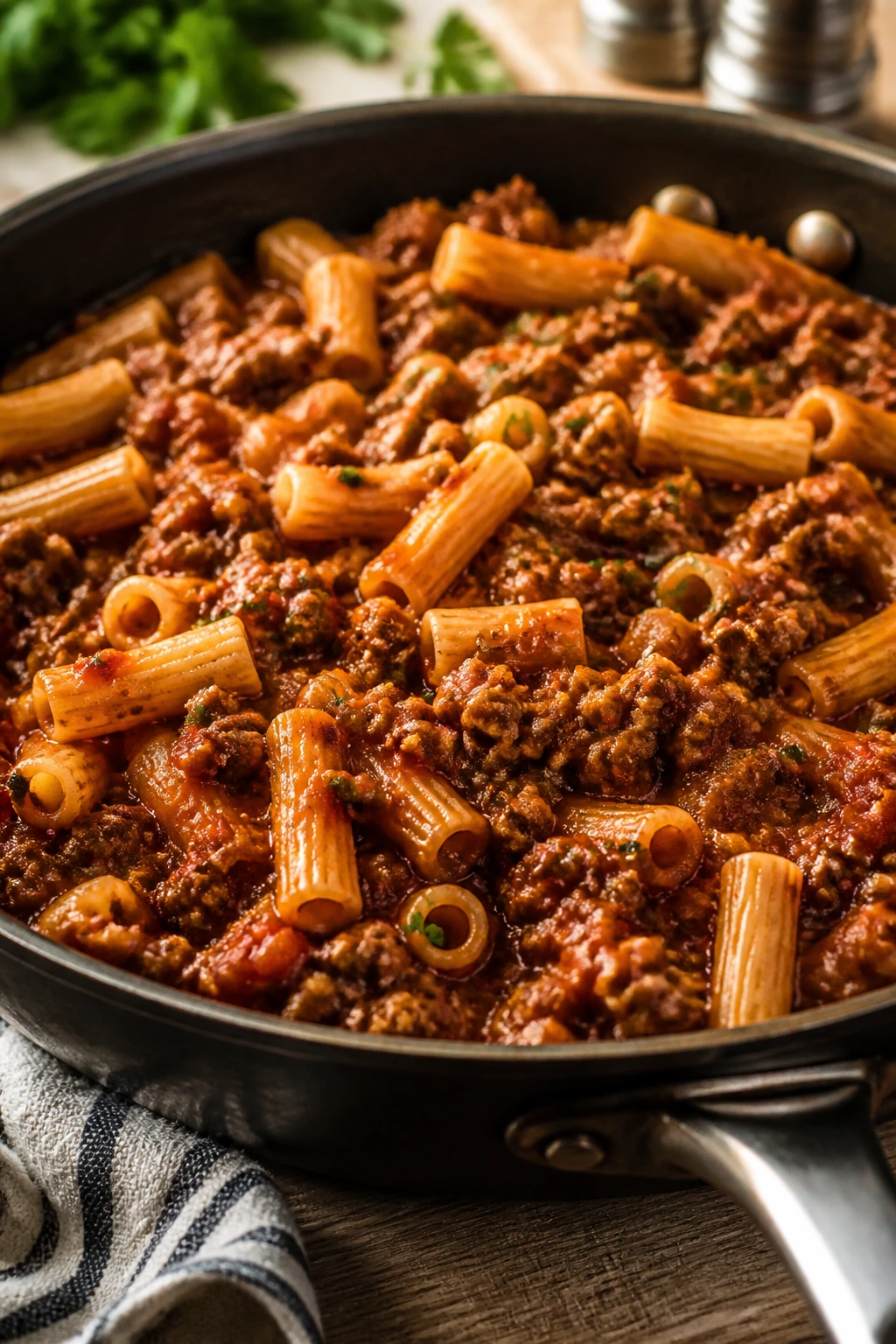 Beef version of dairy-free pasta in a skillet