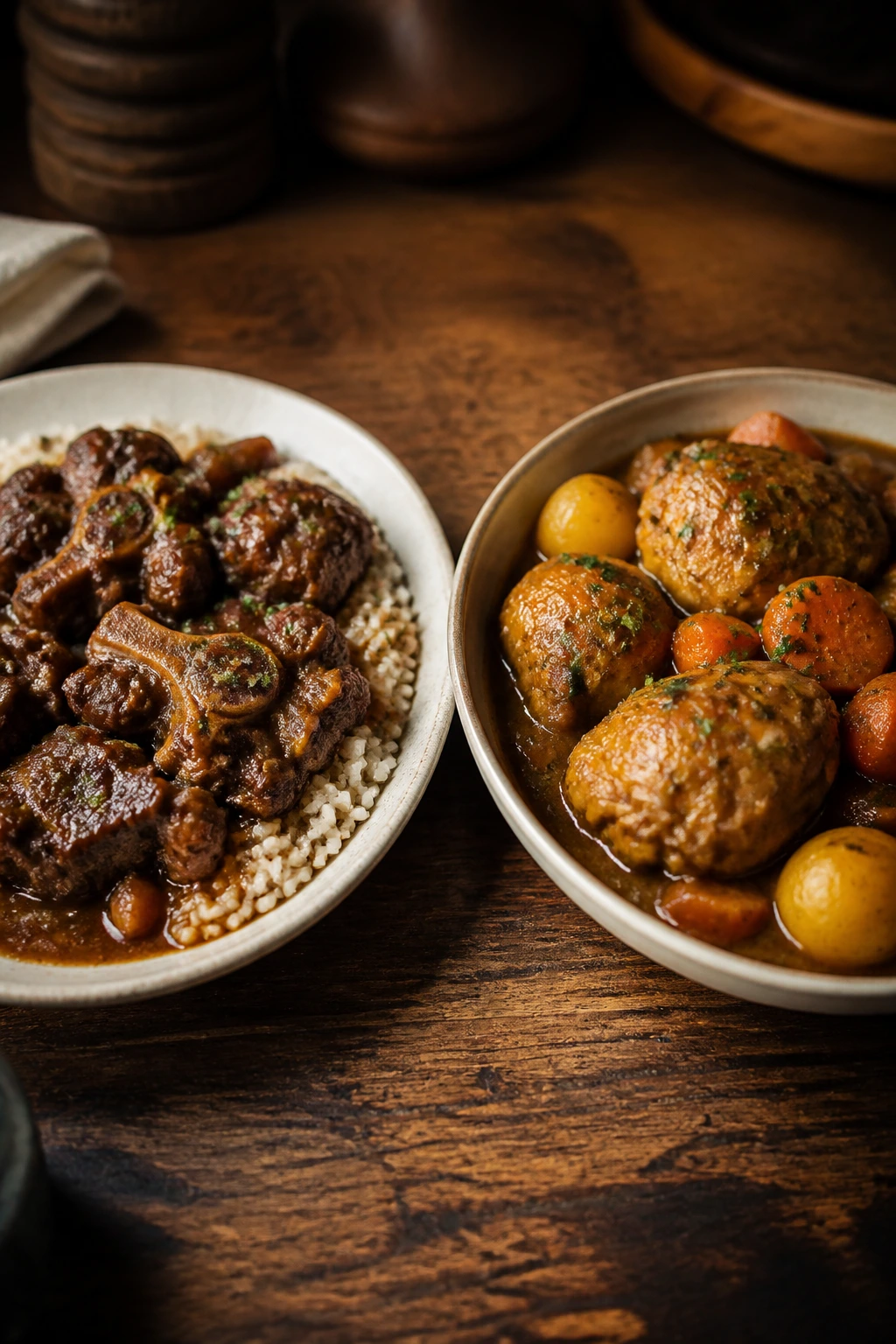 Two plated braised dishes showing variations on the common recipe