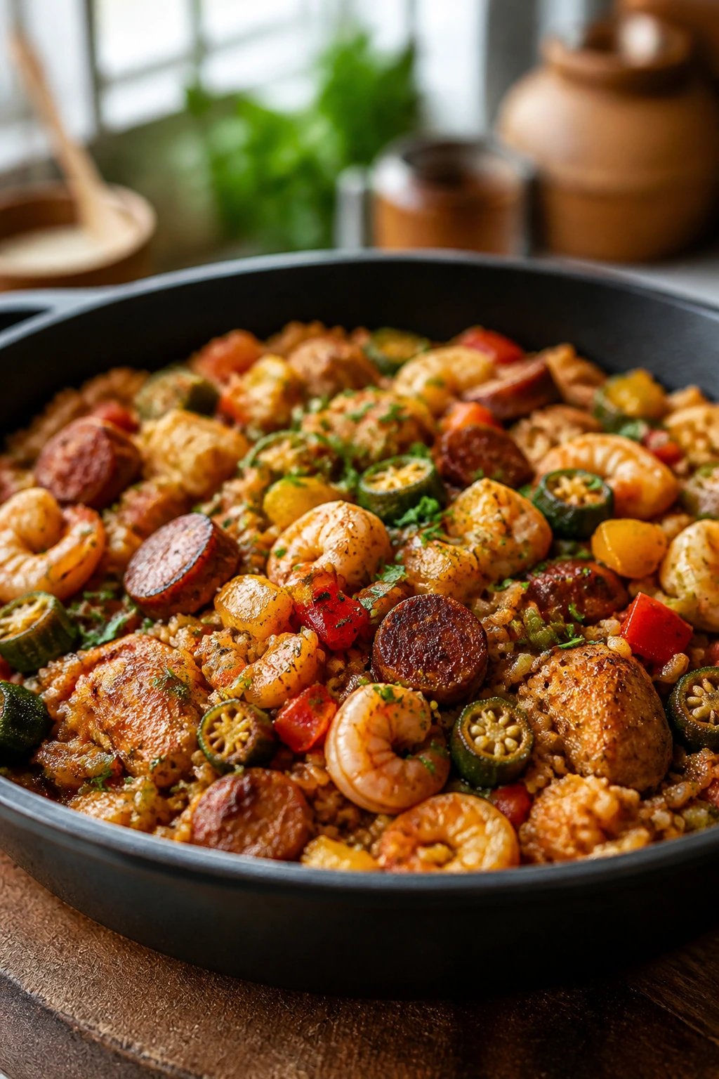 Colorful Cajun skillet dish with peppers and okra in bright kitchen light