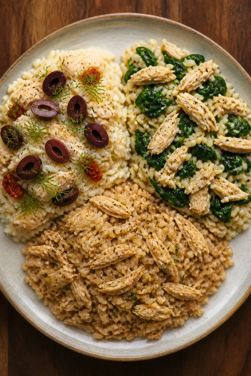 Close-up plated dish showing olives/dill, spinach, and brown rice variations, top-down