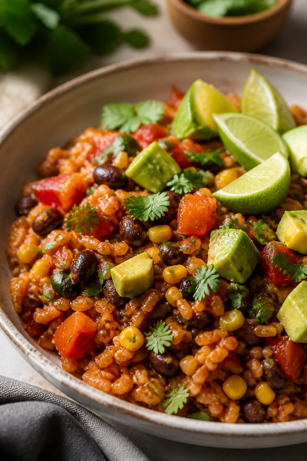 Vibrant plated variation of a one-pot dish with fresh garnishes