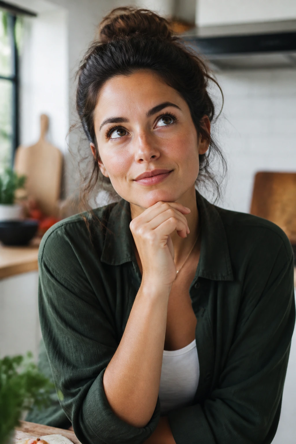 Real person in a bright kitchen with thoughtful expression