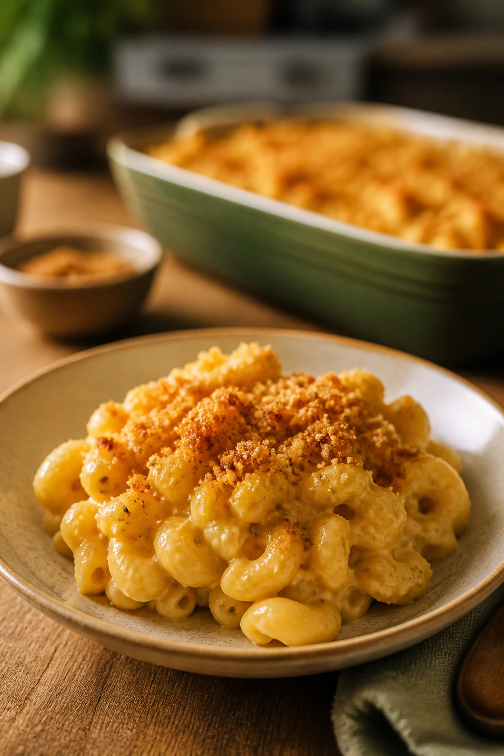 Close-up of vegan macaroni and cheese with crispy topping on a wooden table