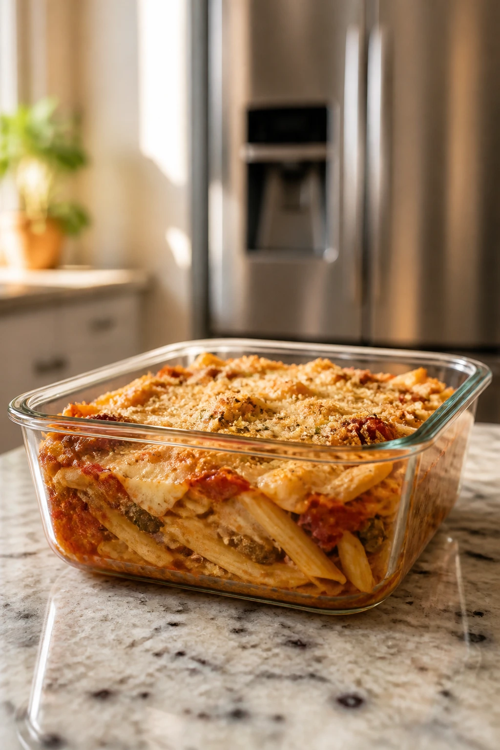 Close-up of an airtight glass container with reheated vegan pasta bake on a kitchen counter