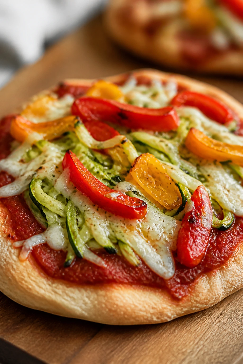 Close-up of a vegan mini veggie pizza pita on a wooden cutting board in a cozy kitchen