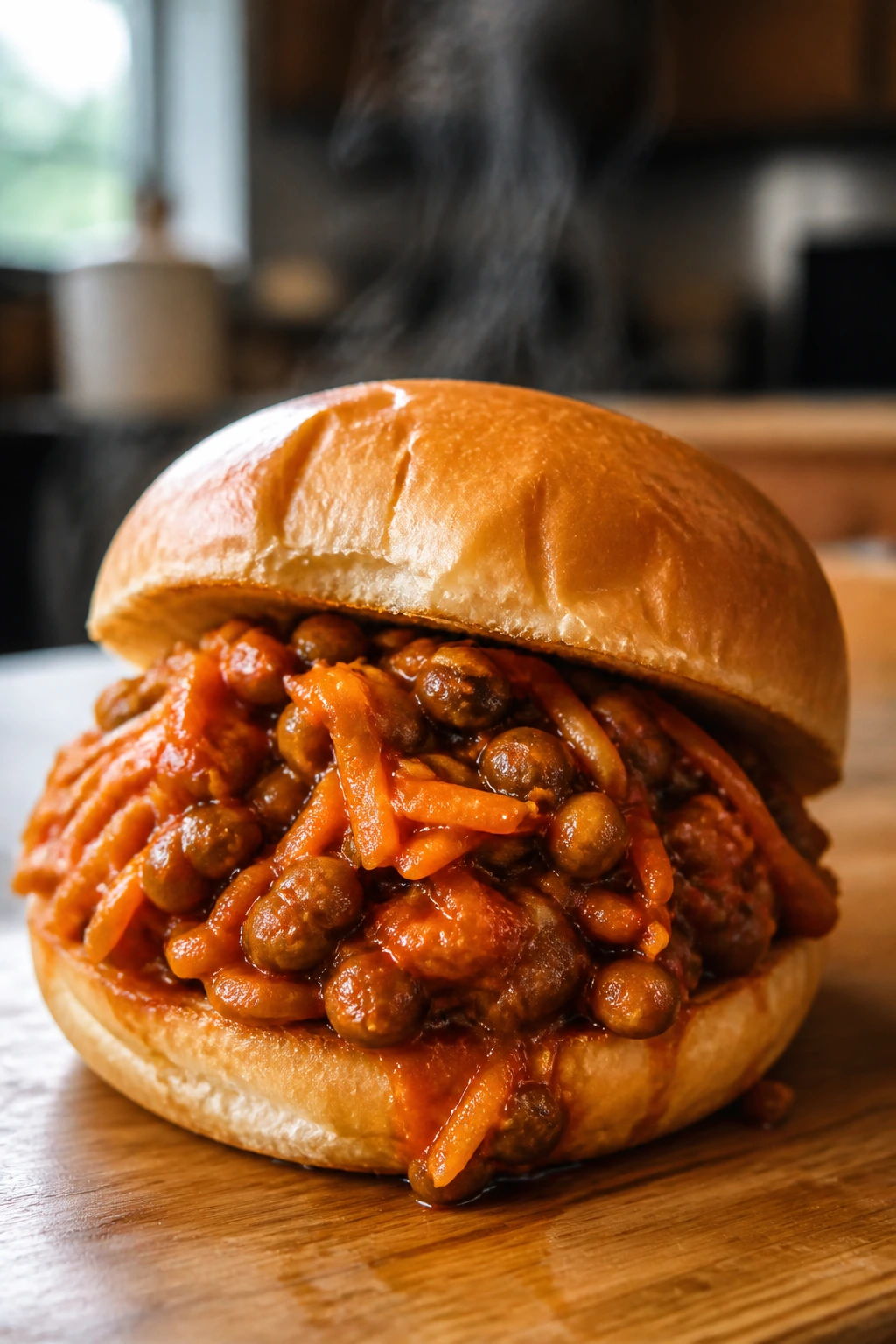 Close-up of a toasted bun filled with lentil carrot sloppy joe in a warm kitchen