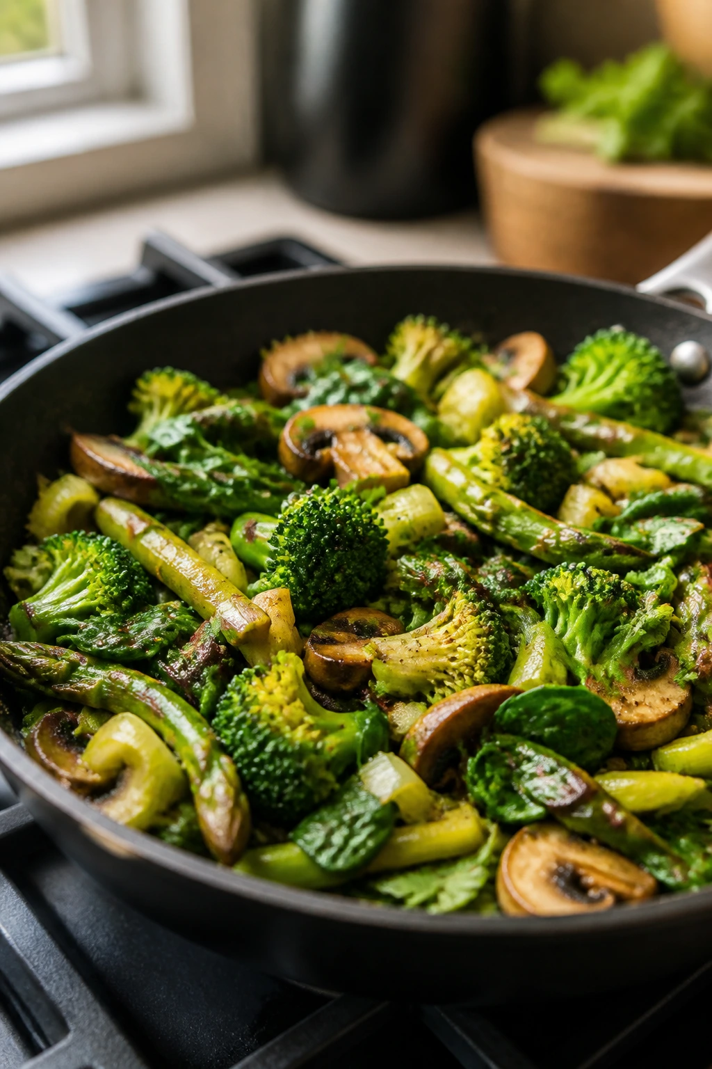 Close-up of a vegetable-heavy skillet filled with greens on a stove