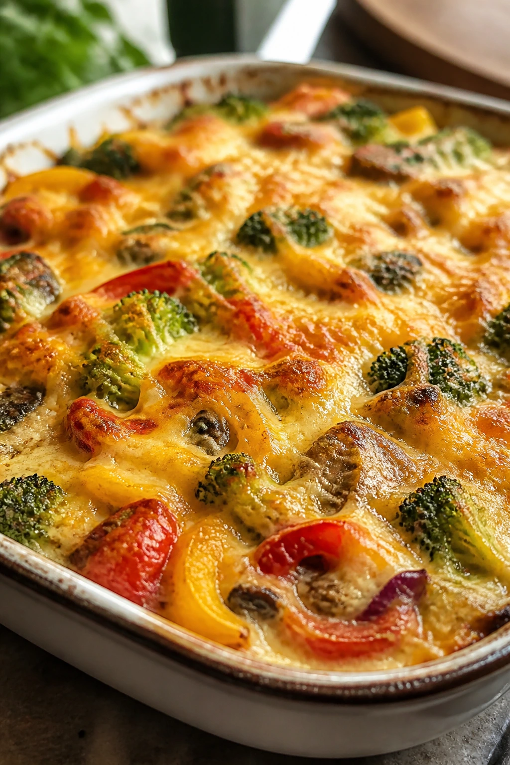 Casserole topped with mushrooms, spinach, and peppers under melted cheese