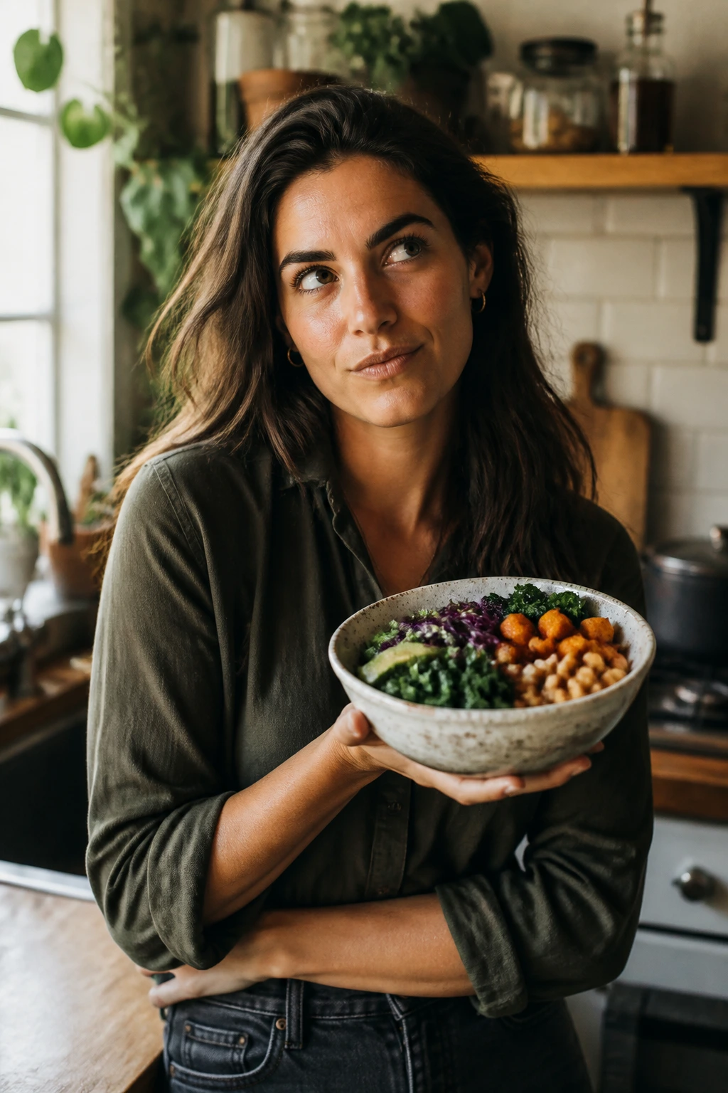 Portrait of a real person with a vibrant vegetarian dinner bowl in a cozy kitchen