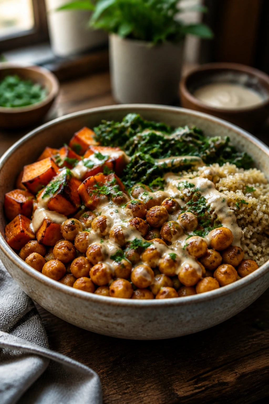 Close-up of a hearty vegetarian dinner bowl on a rustic wooden table with warm lighting.