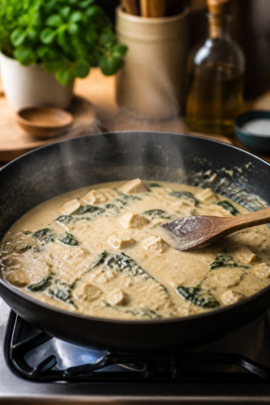 Pan of flat, underseasoned vegetarian curry simmering on a stove