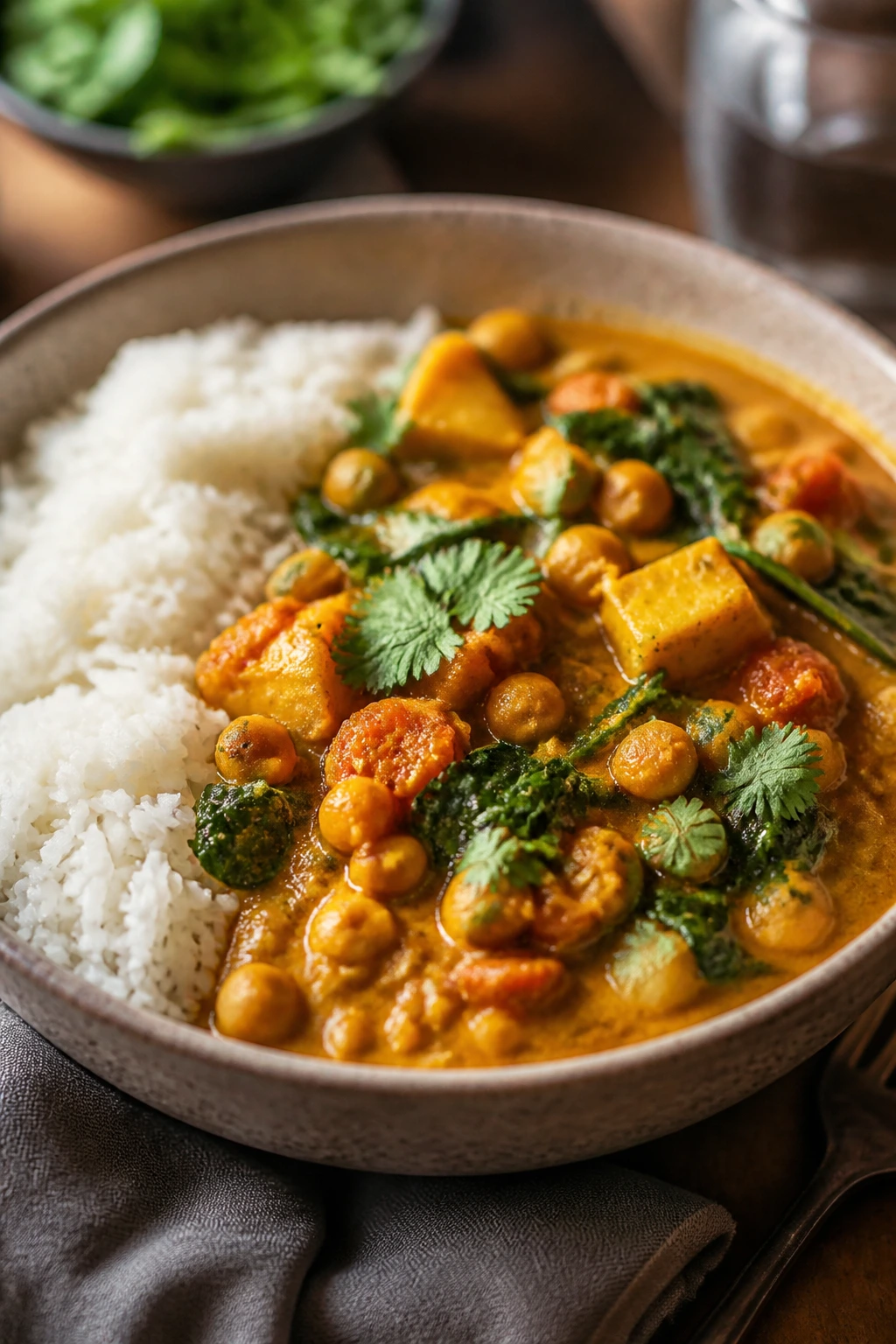 Plate of curry with rice in a deep bowl, garnished with herbs