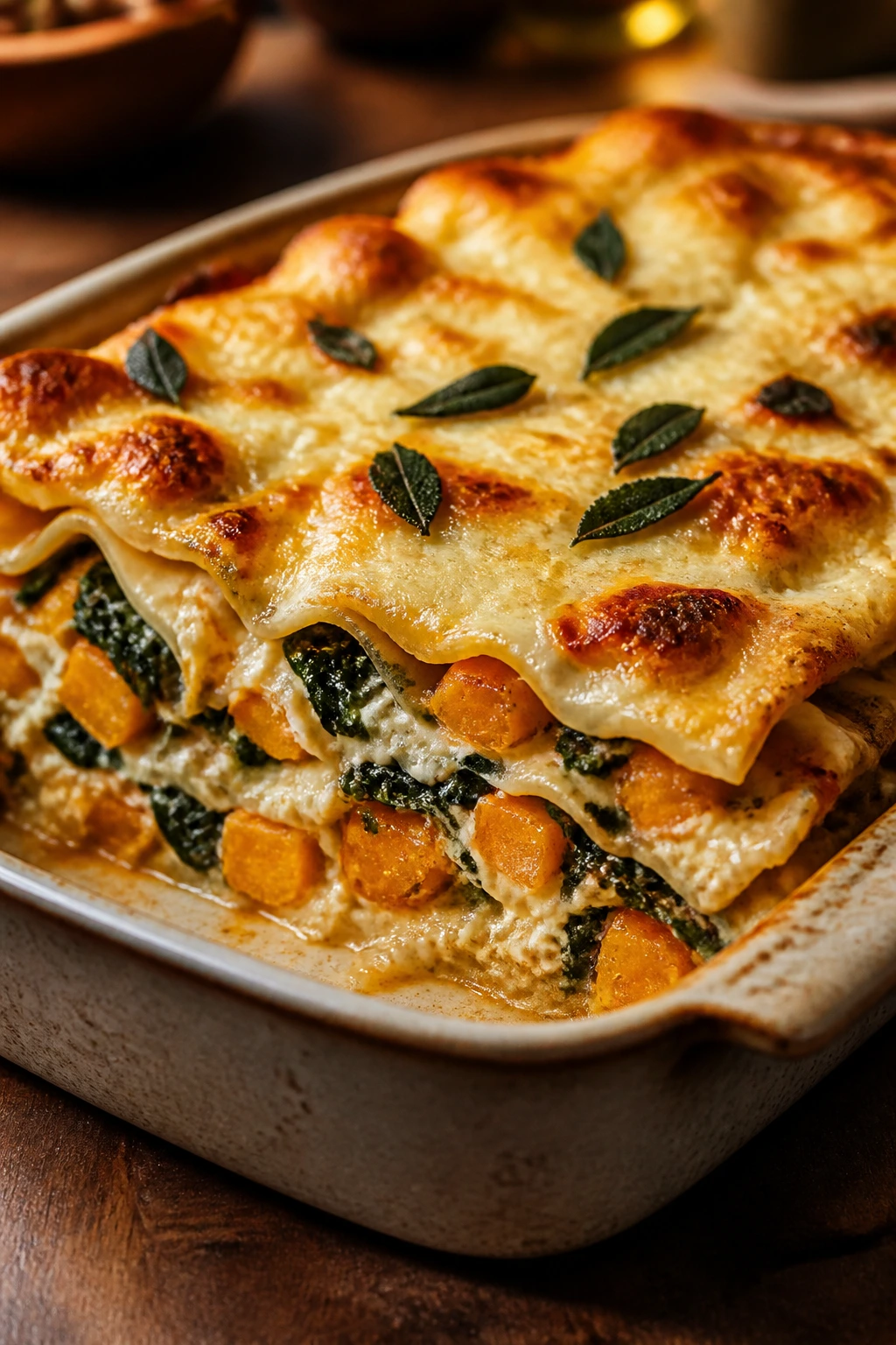 Close-up of a glossy vegetarian butternut squash lasagna slice showing layers