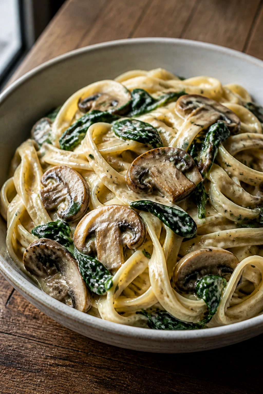 Vegetarian creamy pasta with mushrooms and spinach in a bowl