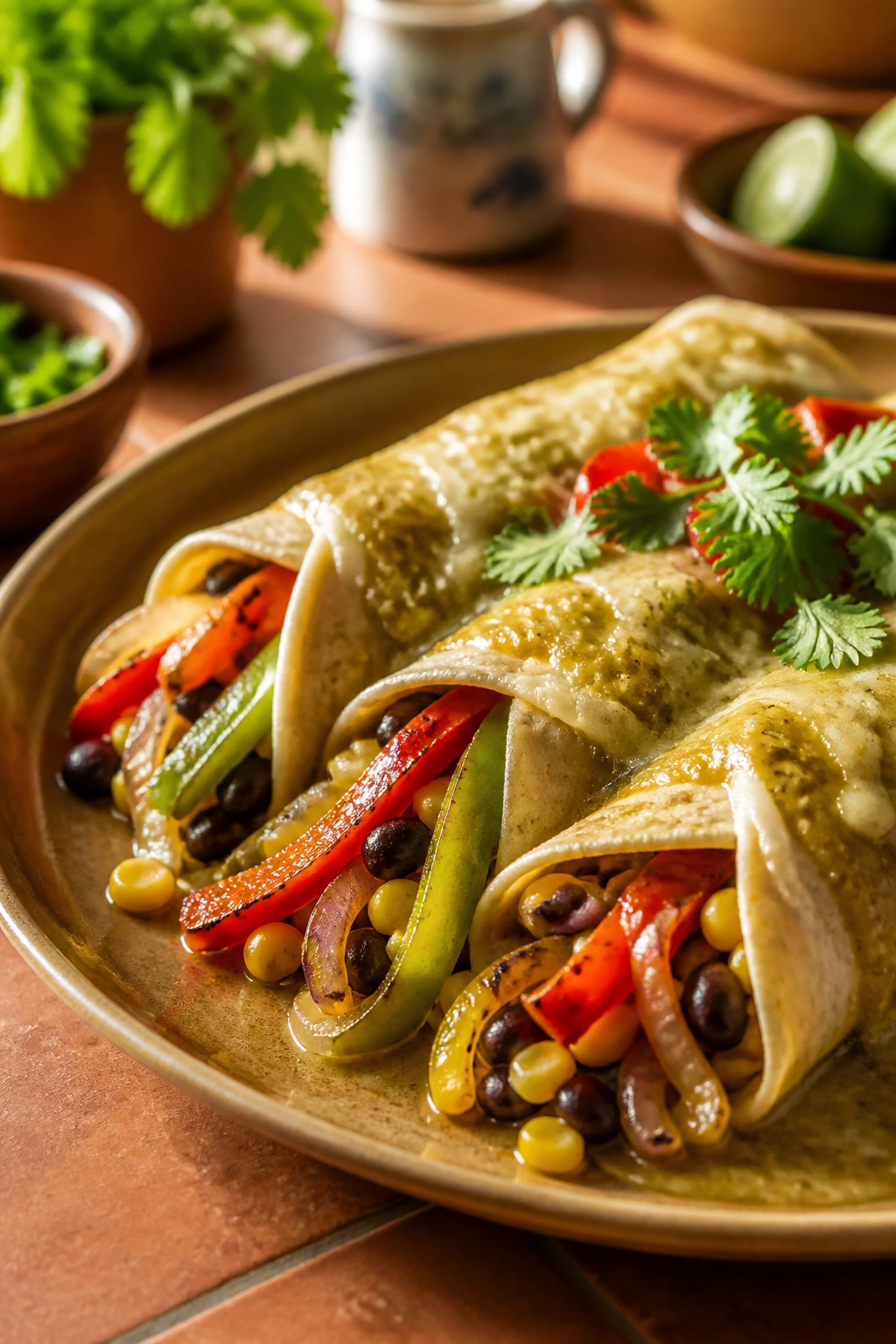 Colorful Veggie Fajita Enchiladas with charred peppers and onions on plate
