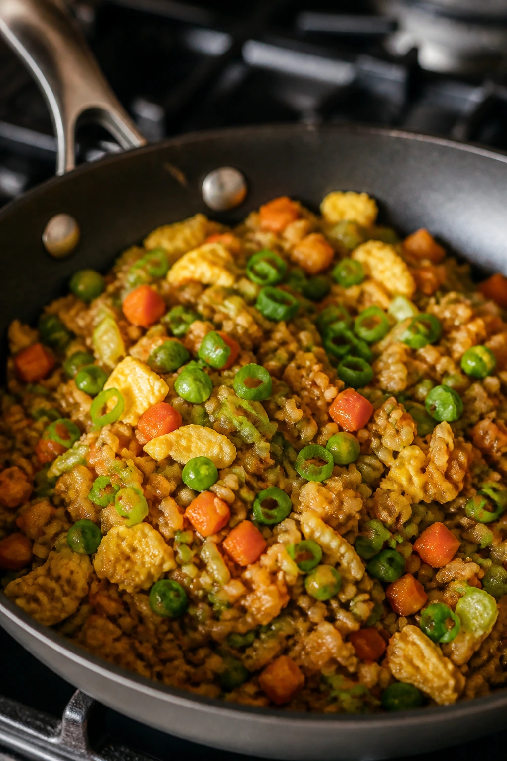 Close-up of veggie fried rice with egg and scallions in a skillet.