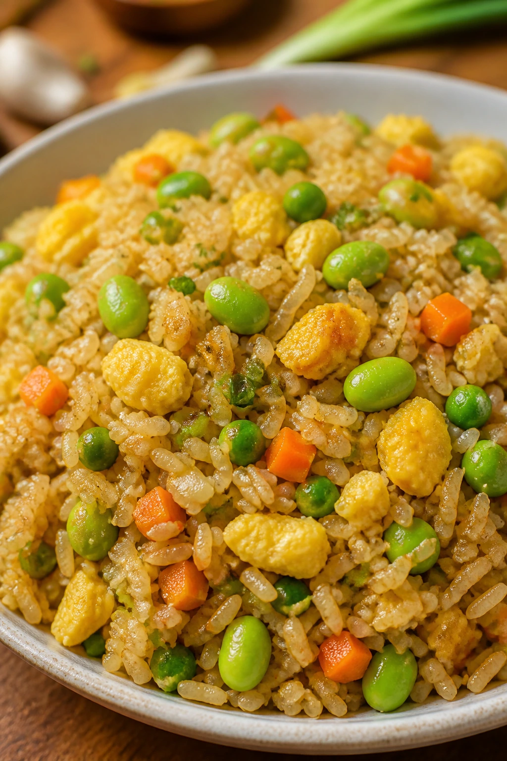 Close-up of veggie fried rice with eggs and edamame on a plate in a warm kitchen.