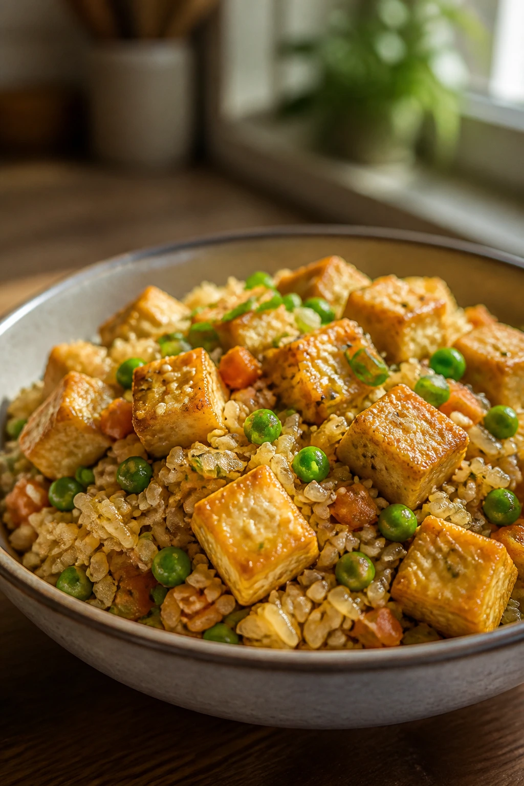 Close-up of veggie fried rice with tofu in a bowl on a wooden table