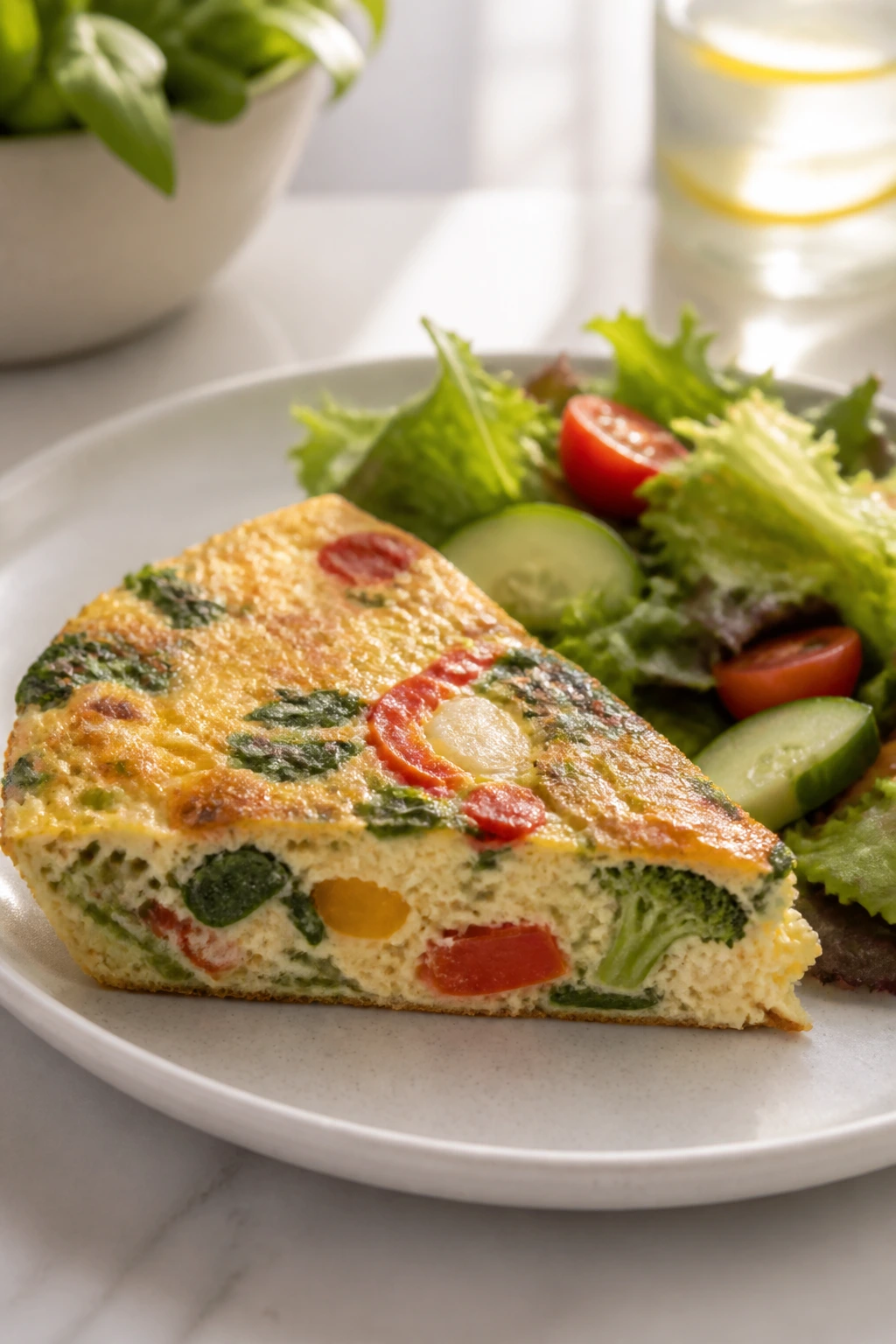 Close-up of veggie frittata slice with side salad on plate