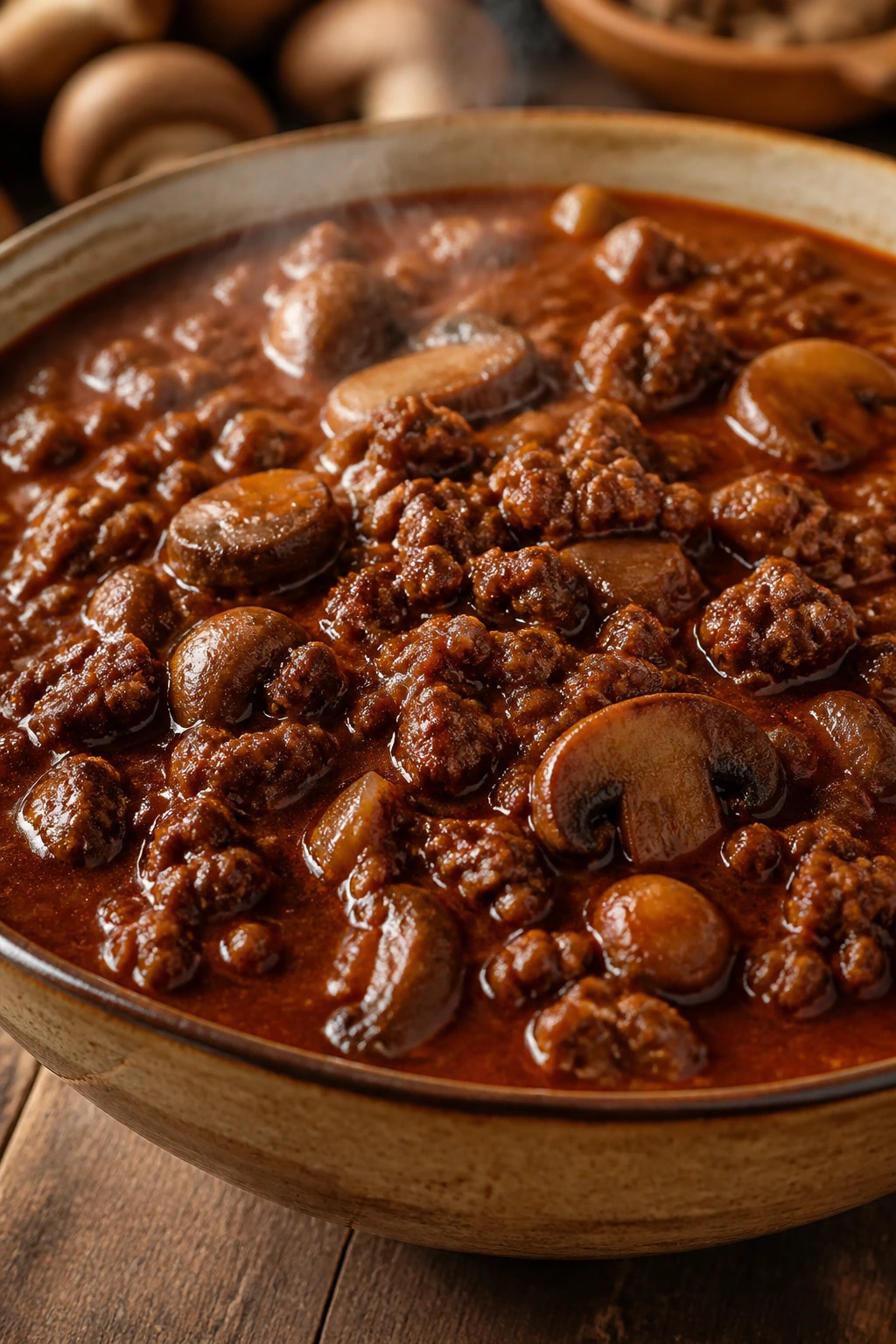 Close-up of venison and mushroom chili in a rustic bowl on a wooden table