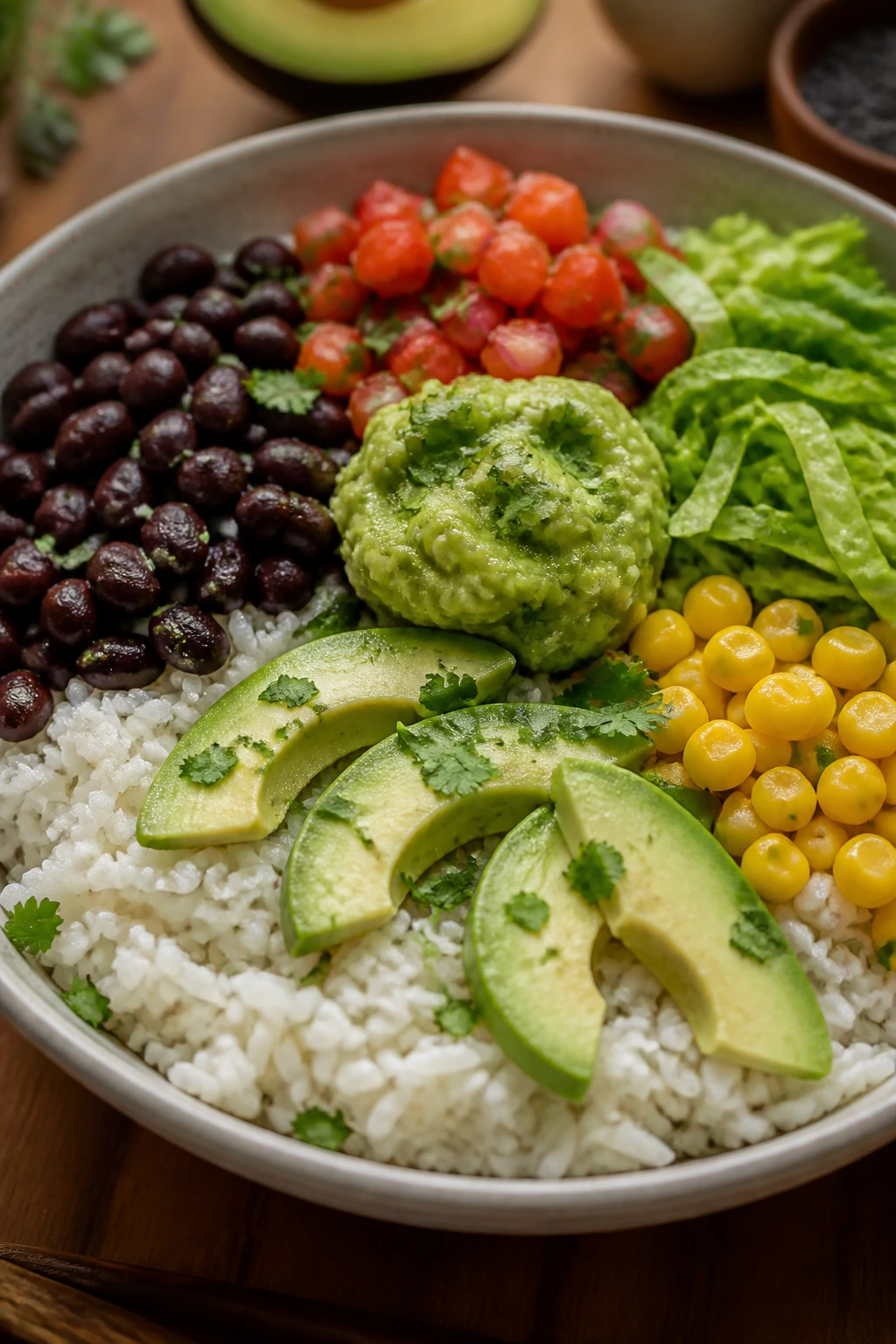 Vibrant plated bowl with rice base and toppings arranged around.