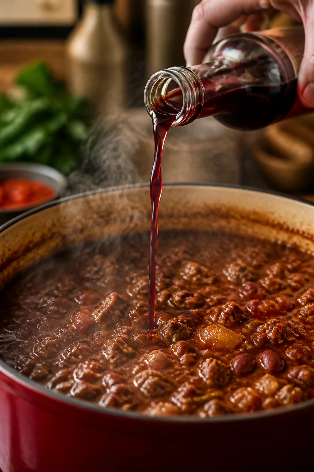 Vinegar being added to bubbling chili in a pot